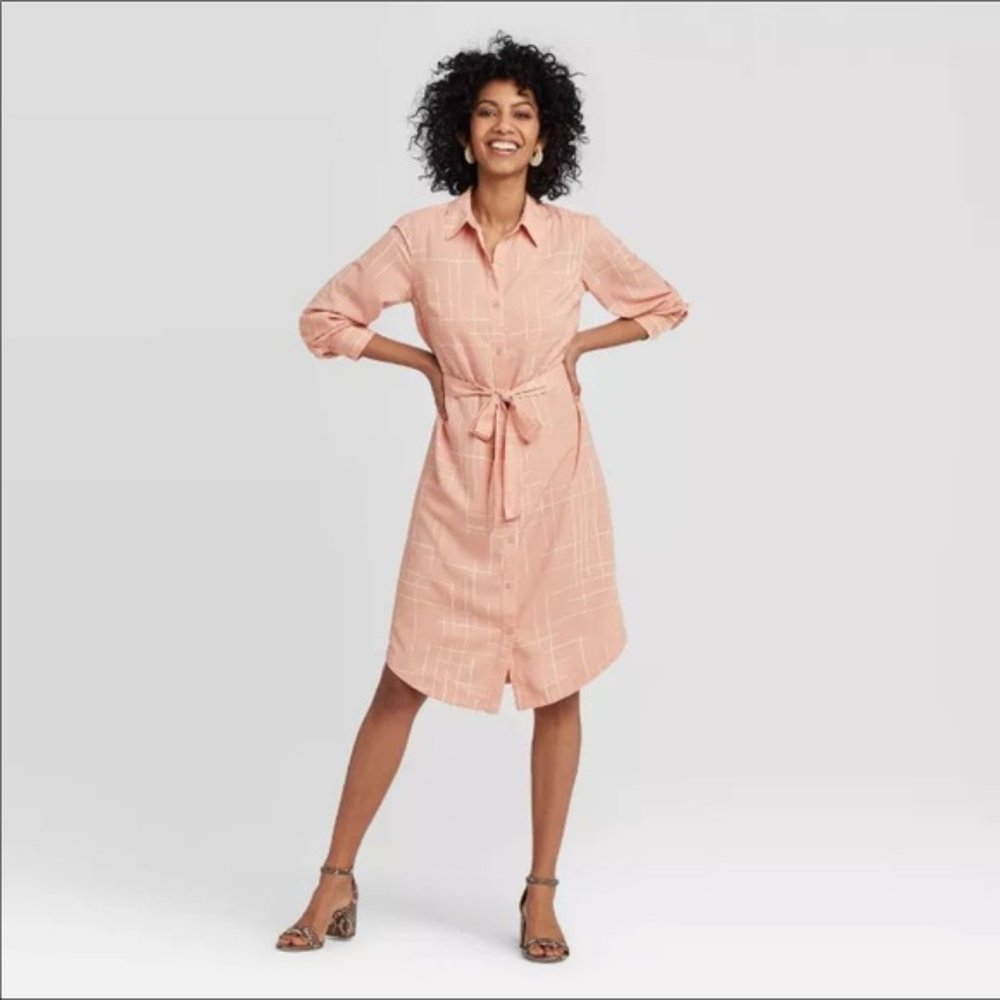 A NEW DAY Pink Plaid Button Down Belted Shirt Dress NWT